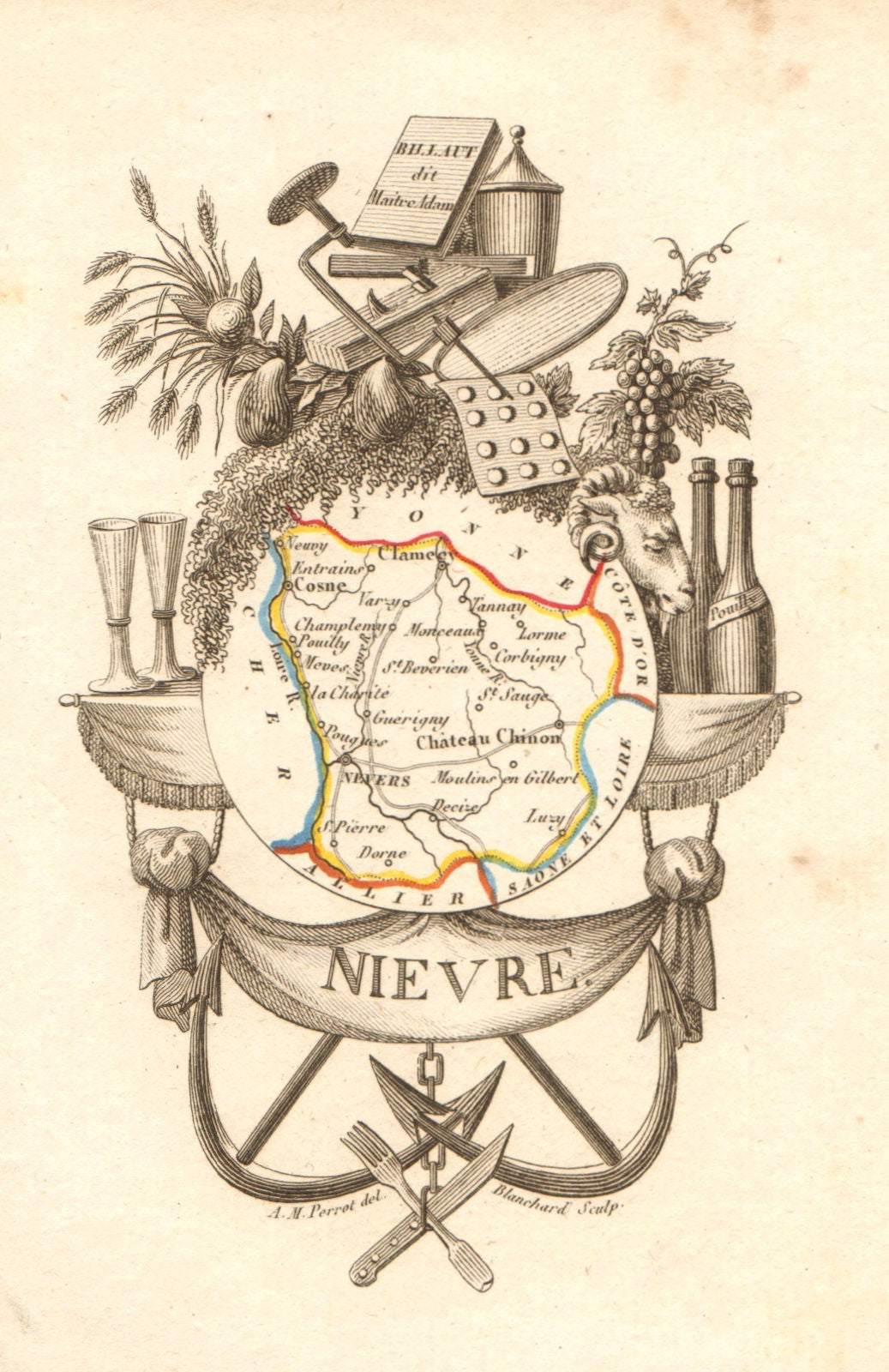 NIÈVRE département. 'Nievre'. Scarce antique map/carte by A.M. PERROT 1823